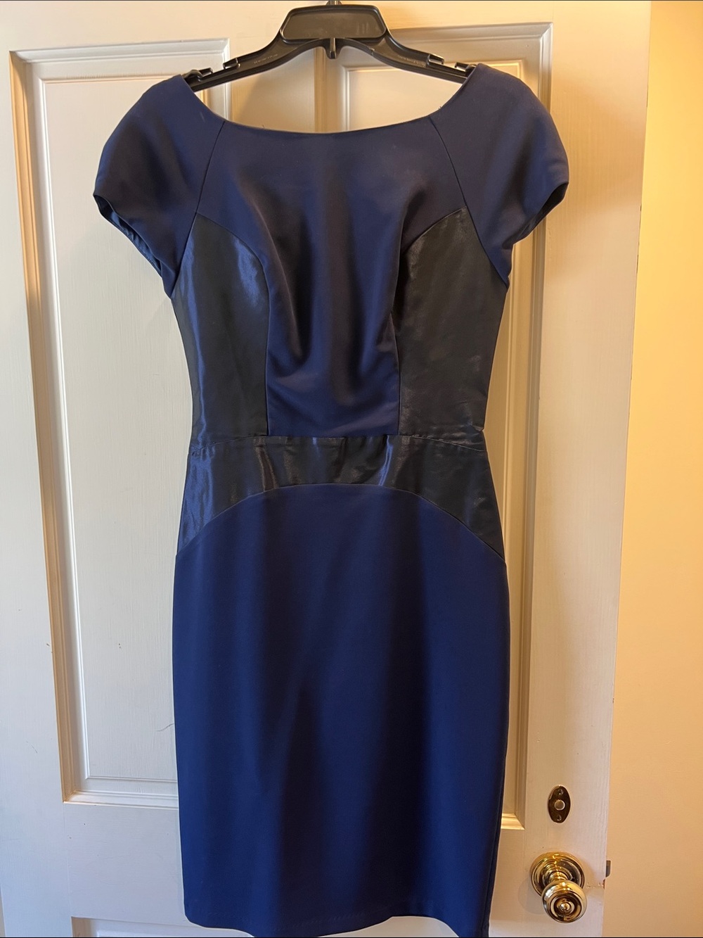 Eva Franco Navy Sheath Dress with Black Faux-Leather Panels